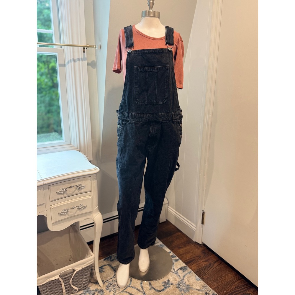 Forever 21 Men Black Washed Denim Overalls Cargo Pockets Size L